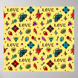 Old School Tattoo Love Pattern Poster