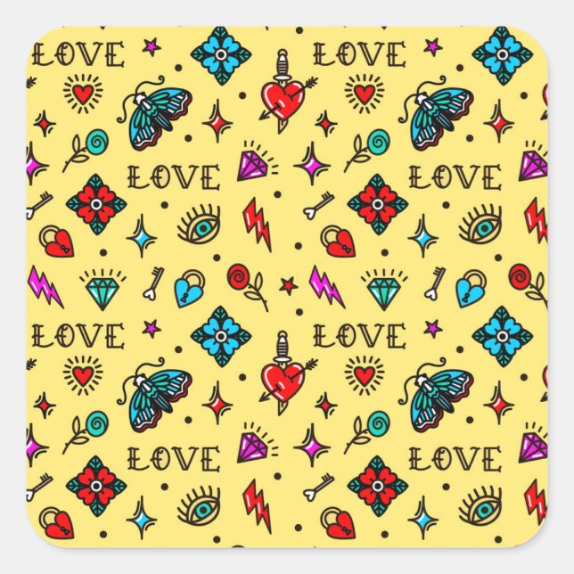 Old School Tattoo Love Pattern Square Sticker (Front)