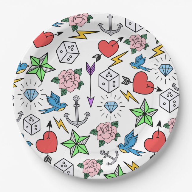 Old School Tattoo Paper Plate (Front)