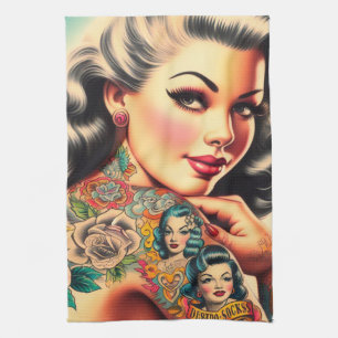 Old School Tattoo Pin-up Tea Towel