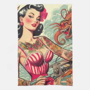 Old School Tattoo Pin-up Tea Towel