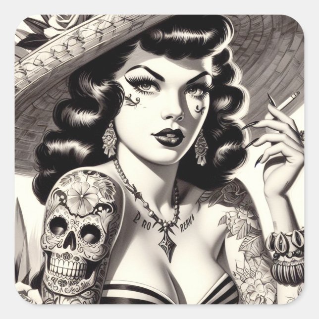 Old School Tattoo Pinup Square Sticker (Front)