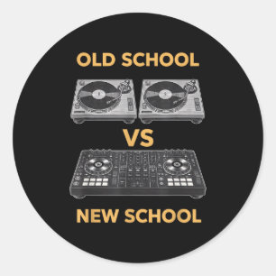 Old school vs new school dj turntable vs controlle classic round sticker