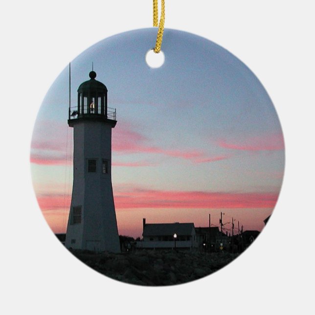 Old Scituate Lighthouse at Twilight Ceramic Tree Decoration (Front)