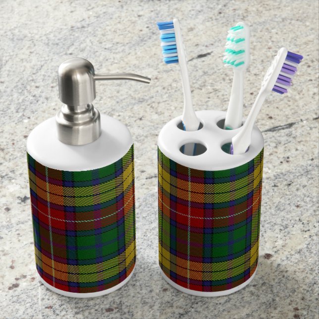 Old Scots Clan Buchanan Tartan Plaid Soap Dispenser And Toothbrush Holder (Front)