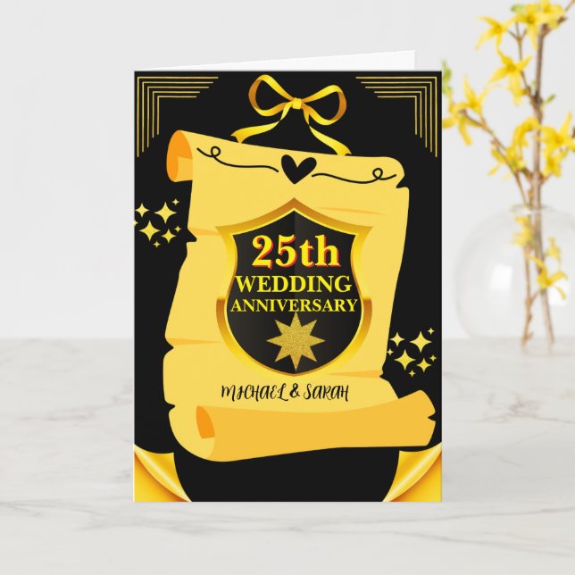 Old Scroll Black & Goal 25th Wedding Anniversary  Card (Yellow Flower)