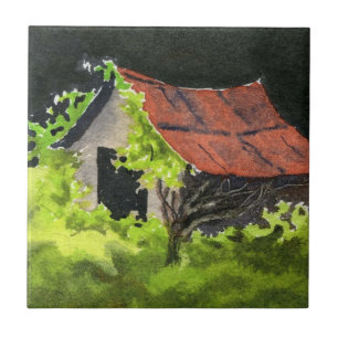Old shed with vines and a dark stormy sky tile