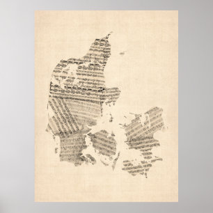 Old Sheet Music Map of Denmark Poster