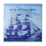 Old Ship and Map Blue Beach House Tile<br><div class="desc">Personalise this antique-looking nautical - themed design with any words you'd like. This fancy, vintage design shows a mottled blue sailing ship / tall ship with three masts, a couple flags (one American) and a faint, distressed ancient map image behind it, a collage done in shades of blue. Pretty up...</div>