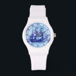 Old Ship and Map Blue Nautical Sailors Watch<br><div class="desc">This antique-looking nautical-themed wristwatch has a mottled blue vintage sailing ship / tall ship with rigging and three masts, a few flags (a couple American flags) and a faint, distressed ancient map image behind it. The watch numbers are done in dark blue roman numerals on a semi-transparent light blue circle....</div>