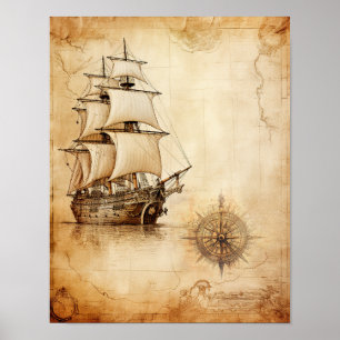 Old ship and Windrose Compass Antique Map Poster