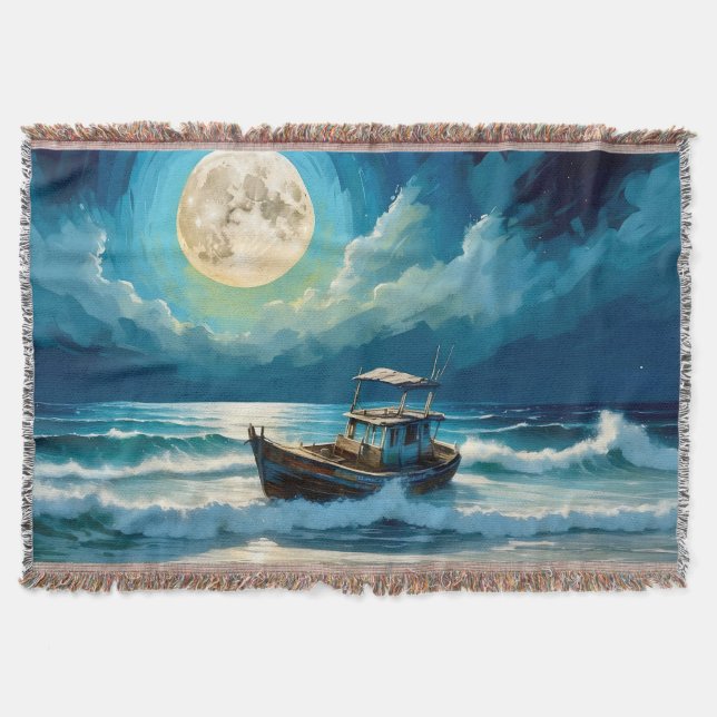Old ship on seashore throw blanket (Front)