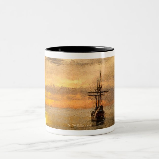 Old Ship Sailing to sunset   Two-Tone Coffee Mug (Center)