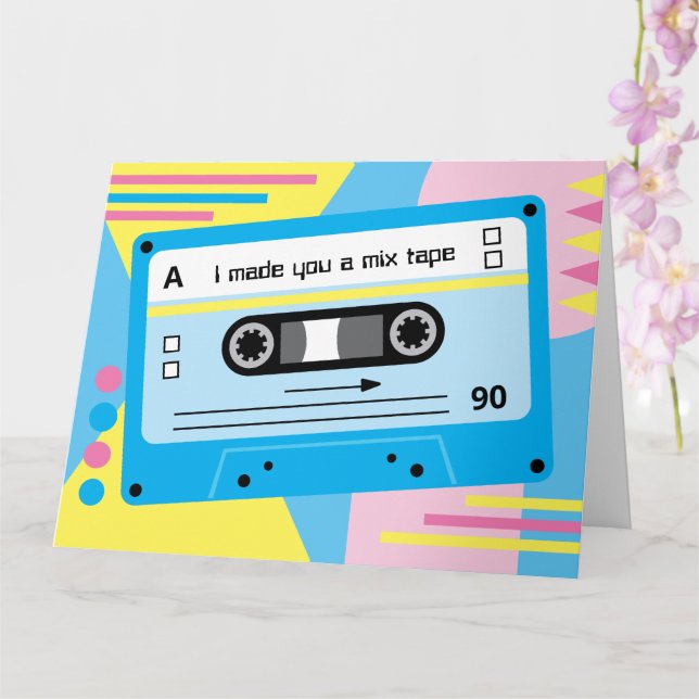 Old Skool Blue Cassette Mix Tape Greetings Card (Orchid)