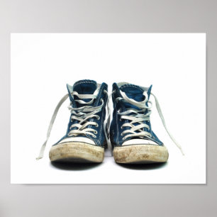 old sneakers dirty sport shoes white background poster
