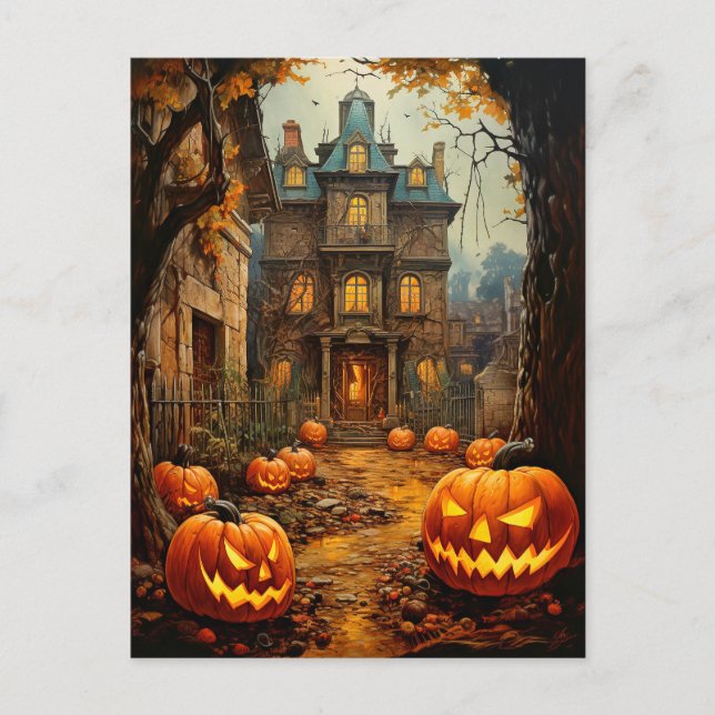 Old Spooky Haunted House Halloween Postcard (Front)