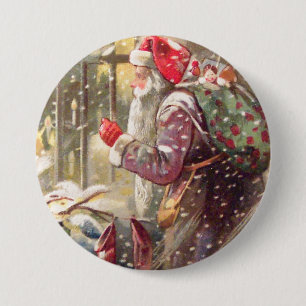 Old St. Nicholas with Gifts in Snow Vintage Button