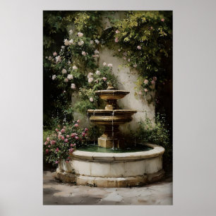 Old Stone Garden Fountain Print, 19th Century Oil Poster