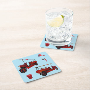 Old Style Fire Fighting Trucks And Axe, Square Paper Coaster