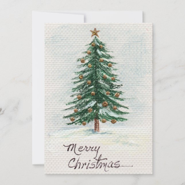 Old Style Watercolor Christmas Tree in Snow   Holiday Card (Front)