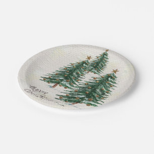 Old Style Watercolor Christmas Tree in Snow Paper Plate