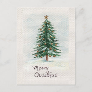 Old Style Watercolor Christmas Tree in Snow  Postcard