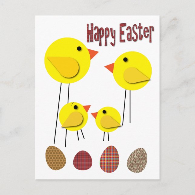 Old Style Yellow Chicken Family and Easter Eggs Holiday Postcard (Front)