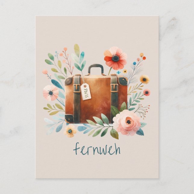 Old suitcases with flowers, long-necked personaliz postcard (Front)