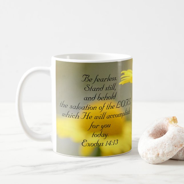 Old Testament Bible Scripture Quote – Exodus 14:13 Coffee Mug (With Donut)