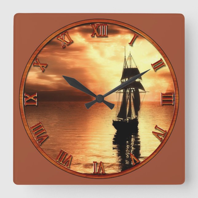 Old Time Sailing Ship at Sunset Square Wall Clock (Front)