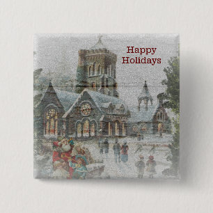 Old time Santa with children in front of a church 15 Cm Square Badge