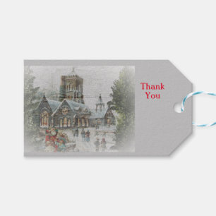 Old time Santa with children in front of a church Gift Tags