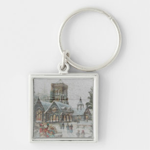 Old time Santa with children in front of a church Key Ring