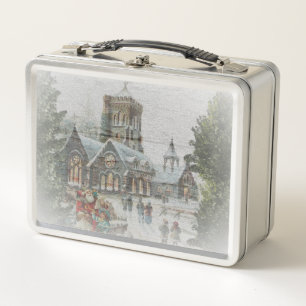 Old time Santa with children in front of a church  Metal Lunch Box
