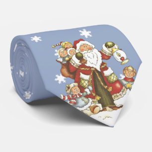 Old Time Santa With Kids Lantern Snowflakes Blue Tie