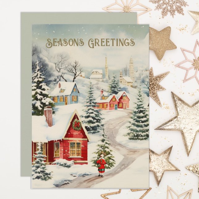 Old Time Snow Covered Village Seasons Greetings Holiday Card (Old-time village, "Season's Greetings" custom Christmas/holiday card, personalized with your text.)
