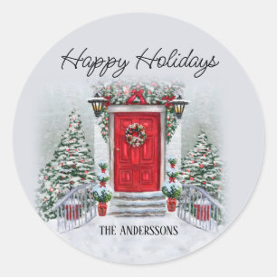 Old Time Vintage Red Door Wreath Happy Holidays Classic Round Sticker