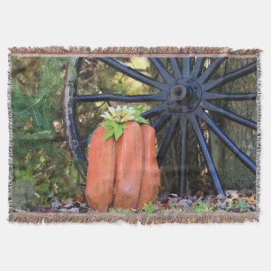 Old Time Wooden Wagon Wheel and Carved Pumpkin Throw Blanket