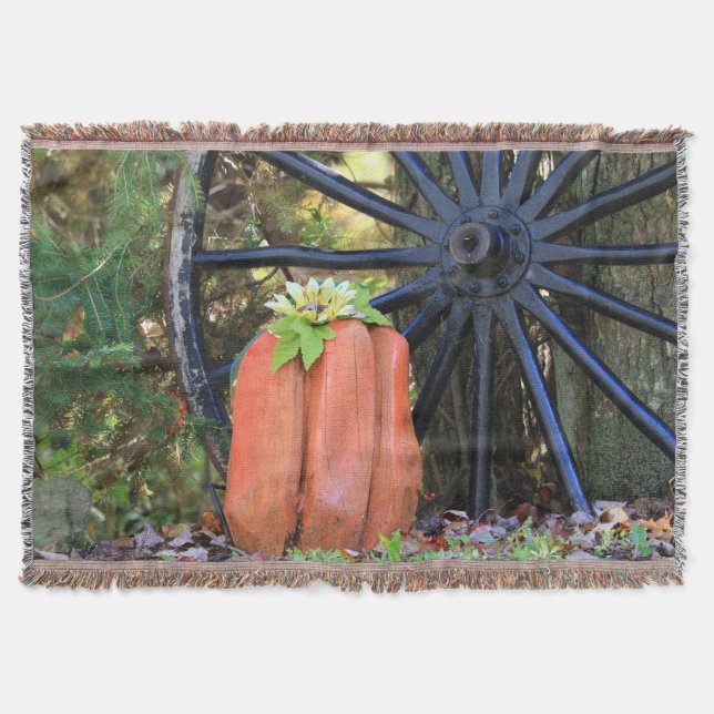 Old Time Wooden Wagon Wheel and Carved Pumpkin Throw Blanket (Front)