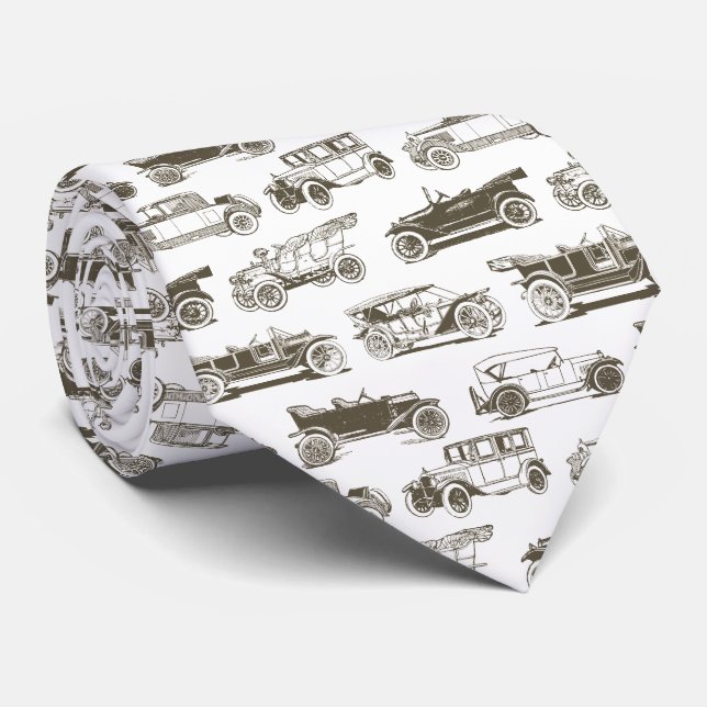 Old-timer Beige White Vintage Car Pattern Tie (Rolled)