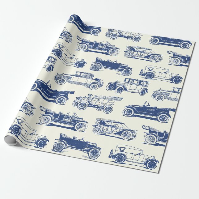 Old-timer Blue Vintage Car Pattern Wrapping Paper (Unrolled)