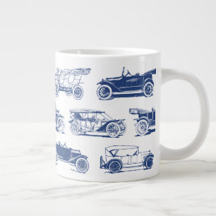 Old-timer Blue White Vintage Car Pattern Large Coffee Mug