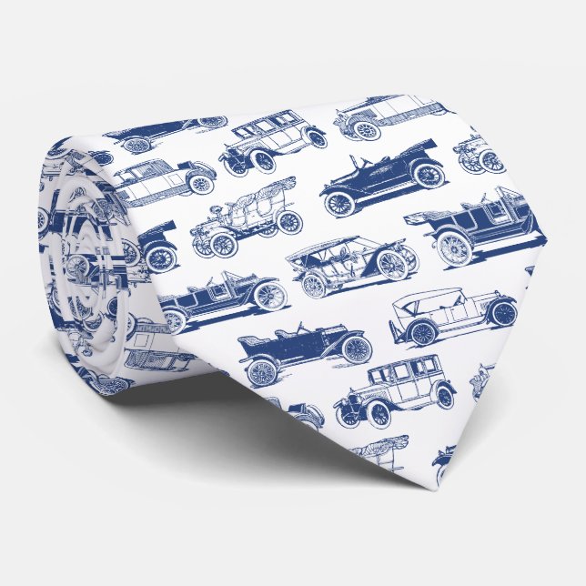 Old-timer Blue White Vintage Car Pattern Tie (Rolled)