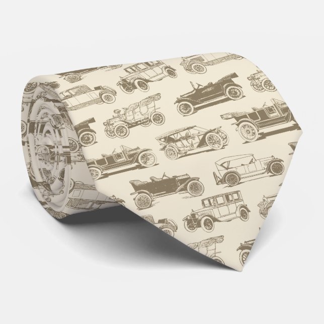 Old-timer Cream Beige Vintage Car Pattern Tie (Rolled)