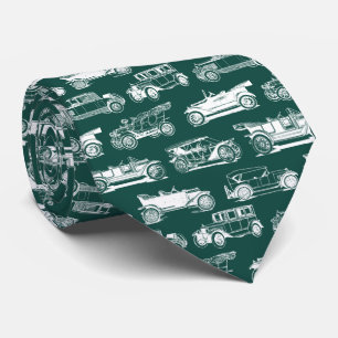 Old-timer Emerald Green White Vintage Car Pattern Tie