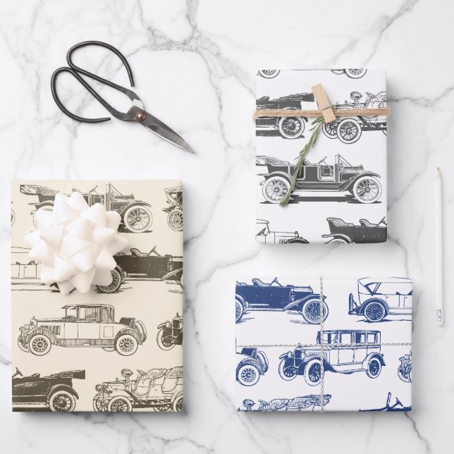Old-timer Vintage Car Pattern Wrapping Paper Sheet (Front)