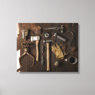 Old Tools on Wood Background Canvas Wrap Print