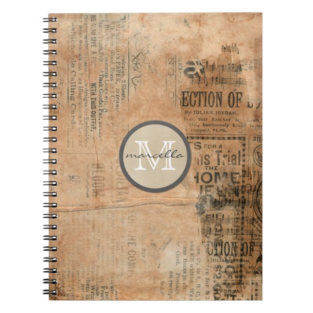 Old Torn Vintage Newspaper Monogram Spiral Notebook (Front)