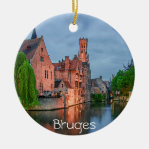 Old town and Belfry tower at night in Bruges Ceramic Tree Decoration