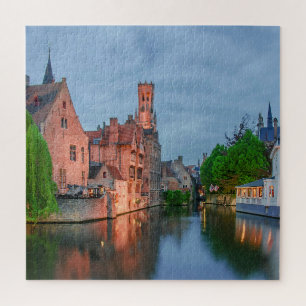 Old town and Belfry tower at night in Bruges Jigsaw Puzzle